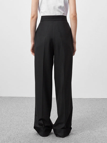 Spring Summer Black Office Trousers High Waist Pants Pockets Female Pleated Wide Leg Pants