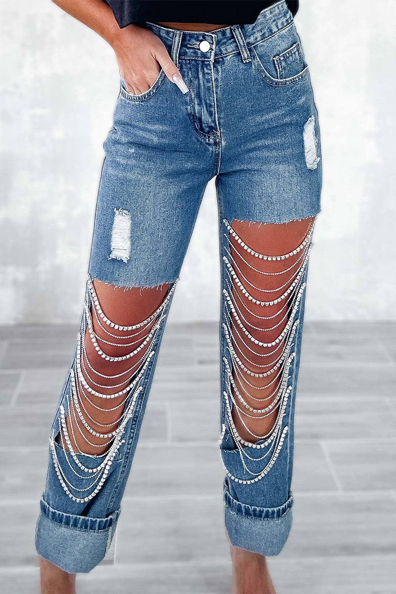 Street Ripped Chains Loose Denim Jeans