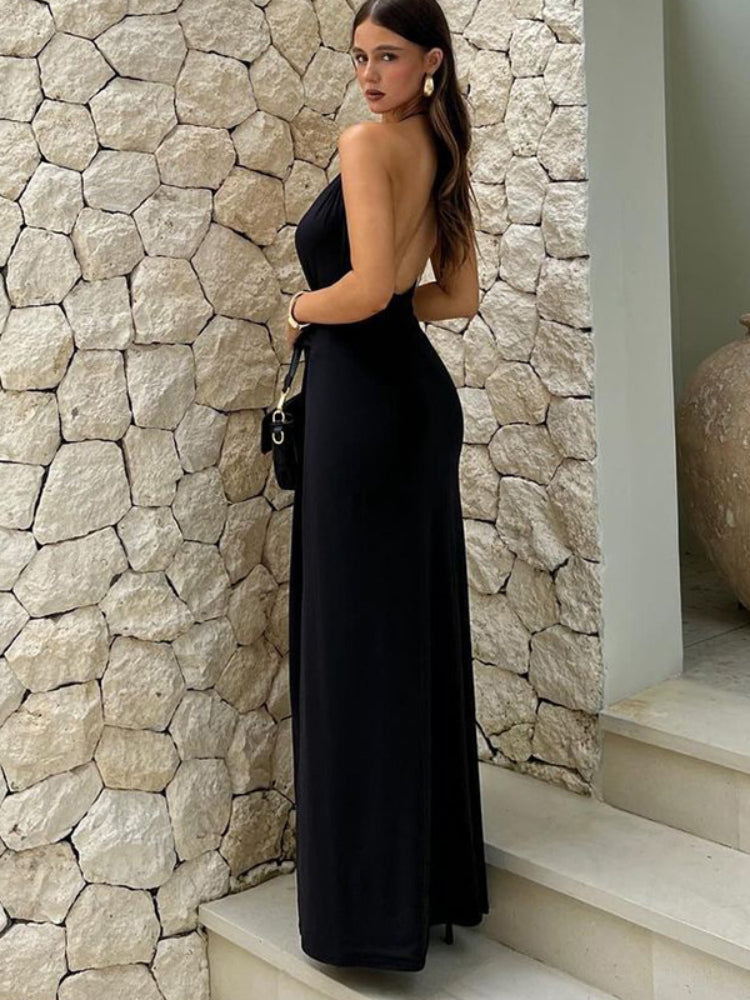 Tossy ’s Summer Halter Deep V Neck Maxi Dress Patchwork Sleeveless Ruffle High Split Evening Club Party Dress Femme