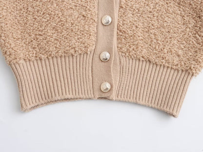 Fall Clothing Teddy Needle Fur Feeling V Neck Knitted Cardigan Coat