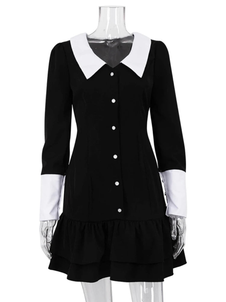 Taruxy High Waist ’s Evening Dress Retro Splice Long Sleeve Turn Collar Folds Mini Dress Woman Party Wedding Dresses