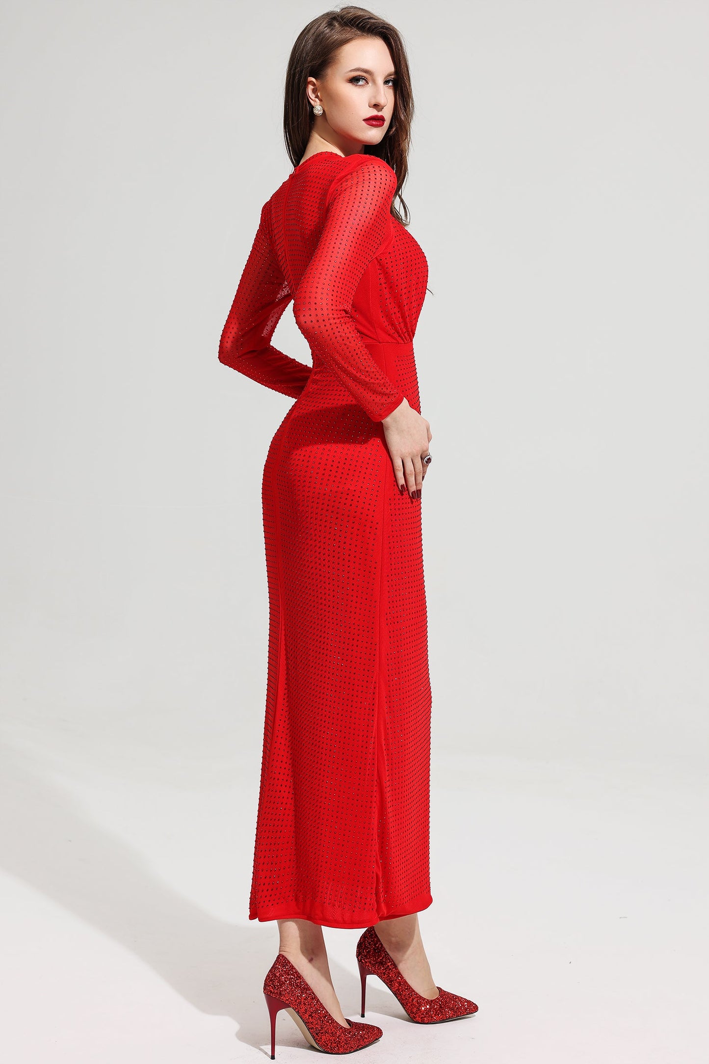 Rhinestone Stand Collar Mermaid Maxi Dress Red