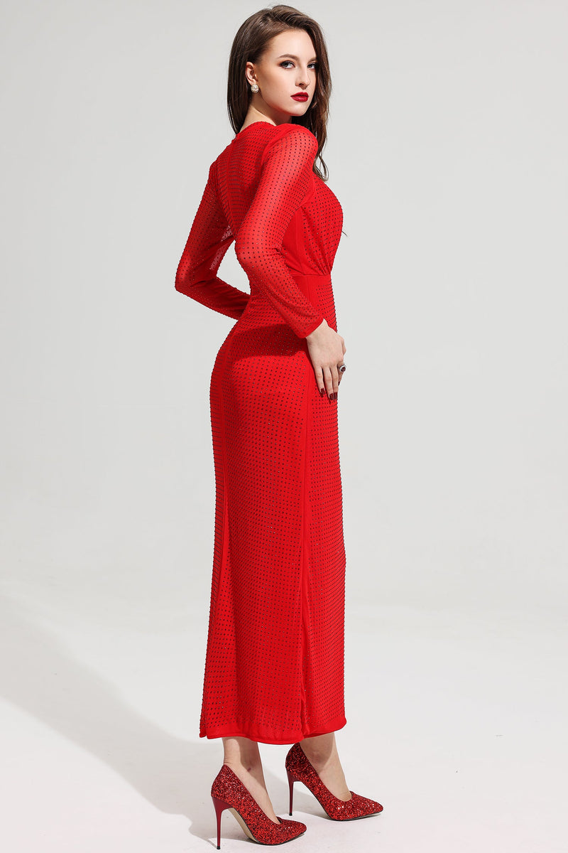 Rhinestone Stand Collar Mermaid Maxi Dress Red