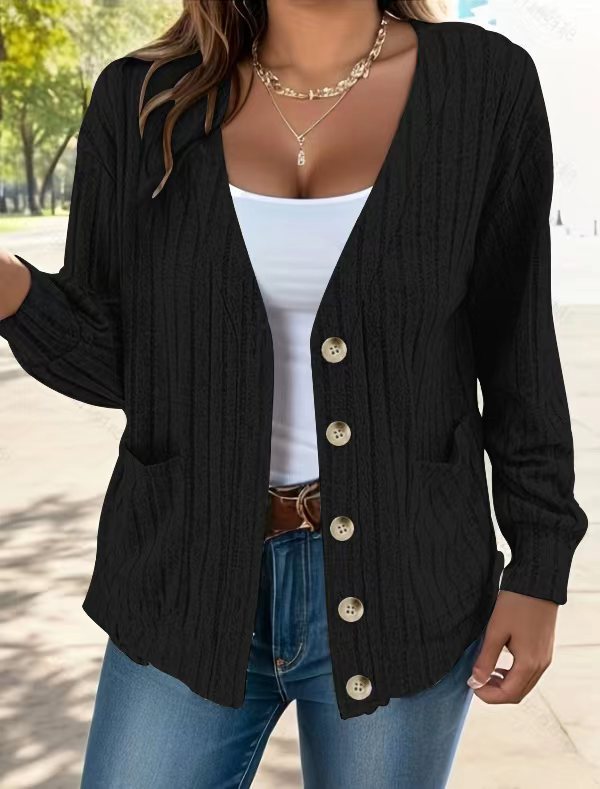 Autumn Winter Temu Clothing Color Buttons V Neck Loose Long Sleeved Cardigan