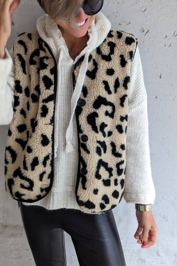 Leopard Print Front Opening Autumn and Winter Vest Jacket