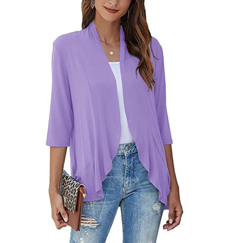 Clothing Autumn Color Cardigan 3/4 Sleeve Ruffle Top