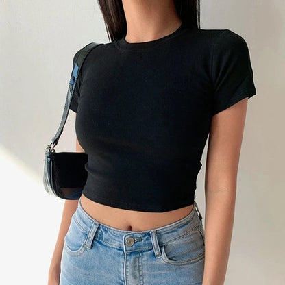 Short Sleeve T-shirt Simple Soft All-match Basic Crop Tops Tees Summer Skinny Tops Black White