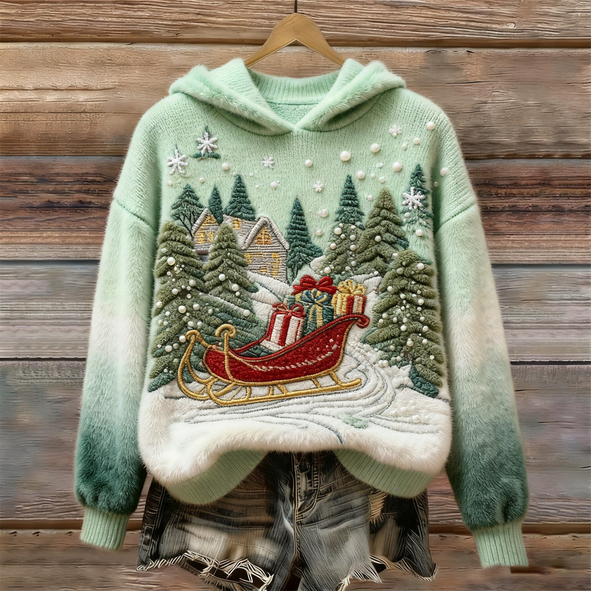 Women's Retro Christmas Tree Pattern Casual Hooded Sweatshirt