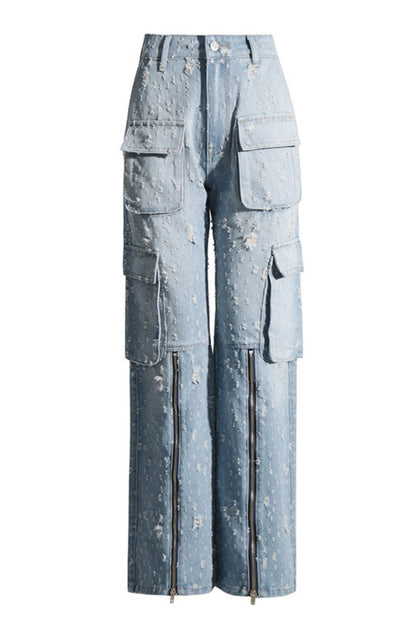 Patchwork Ripped Pocket Zipper Straight Denim Jeans