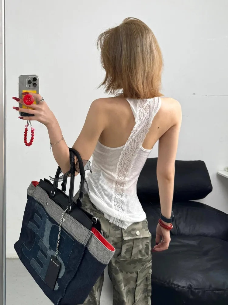 Summer Y2k Clothing Tank Tops White Thin Lace Patchwork Tops Sleeveless Camisole Vest Low-cut Design