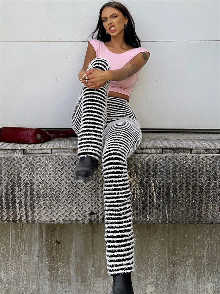 Taruxy Zebra Stripes Knitted Pants Bodycon High Waist Slim Long Pants Femme Street Trouseres Hot