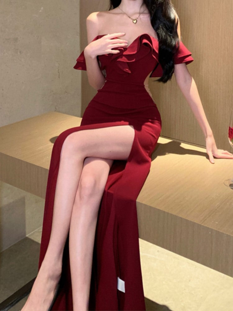 Bodycon Long Dresses for Wedding Evening Party Prom Robe Ruffles Slash Neck High Split Hollow Out Summer New Vestido