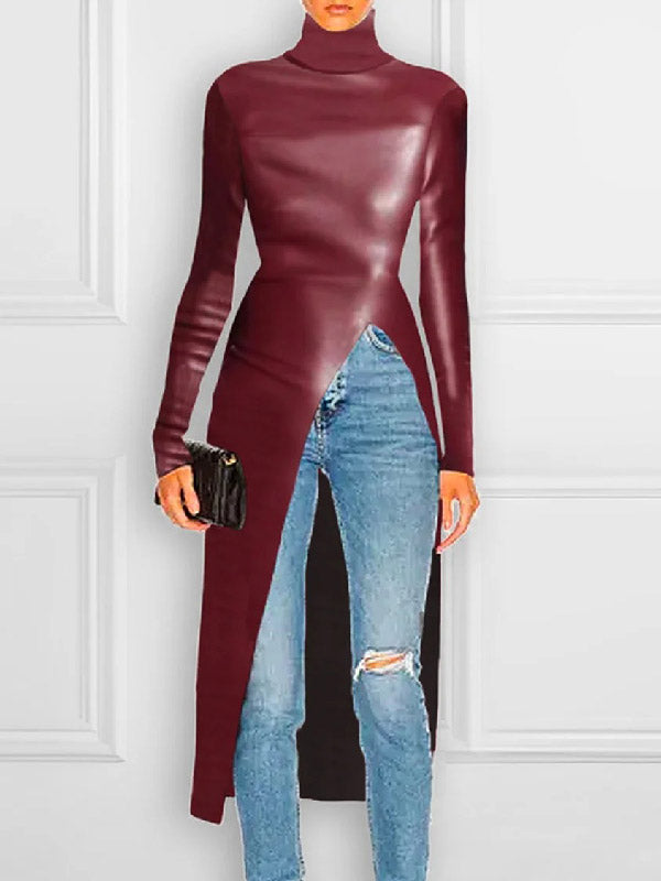 Long Sleeves Skinny Color Split-front High-neck T-shirts Tops