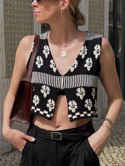 Tossy Printed Cropped Top Vest – Contrast Sleeveless V-neck Tank Top for
