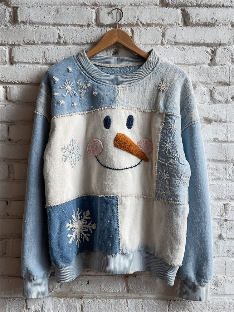 Snowman & Snowflakes Colorblock Patchwork Washed Sweatshirt