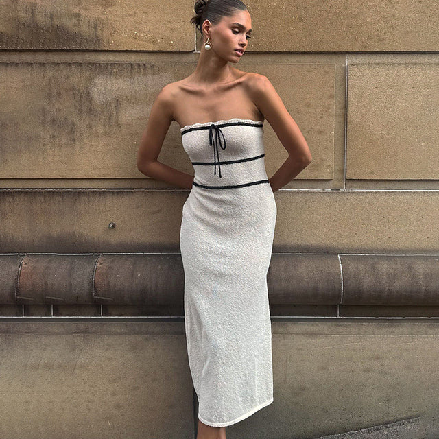 Taruxy Hot Summer Beach Knit Strapless Maxi Dress Bow Contrast Color Dress Slim Sleeveless Lace Up Knitwear Vacation Female