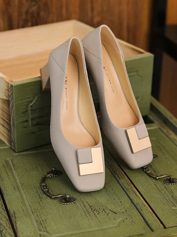 Square Buckle Chunky Square Mid Heel Shoes