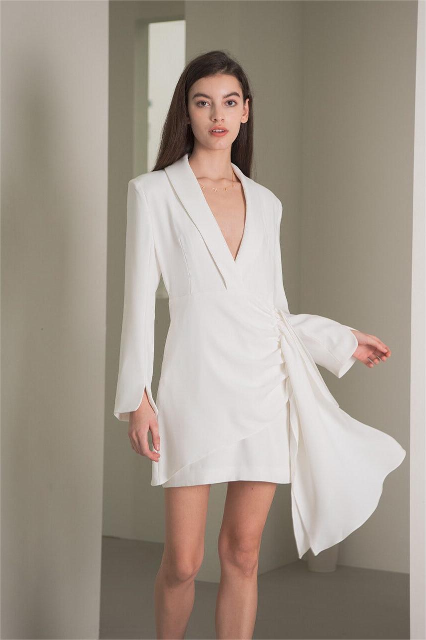 Long Sleeves V-neck Smocked Elastic Mini Dress White