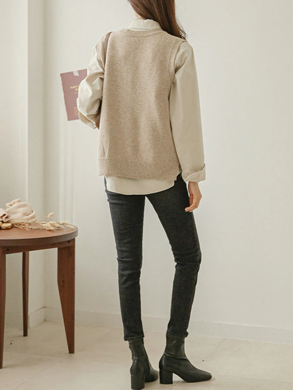 Loose Sleeveless Color V-neck Sweater Vest Outerwear