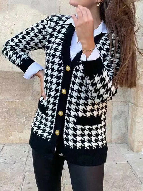 Urban Long Sleeves Checkered V-neck Cardigan Tops