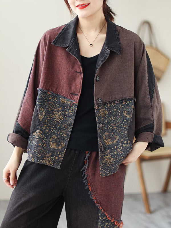 Contrast Color Fringed Split-joint Long Sleeves Printed Outwear + Harem Pants Two Pieces Set