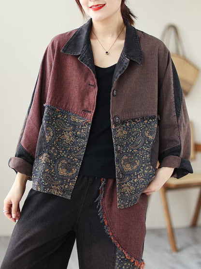 Contrast Color Fringed Split-joint Long Sleeves Printed Outwear + Harem Pants Two Pieces Set