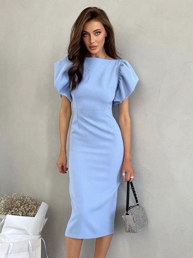 Bodycon Dress Boatneck Lap Over Sleeves Back Slit Day Midi Dresses