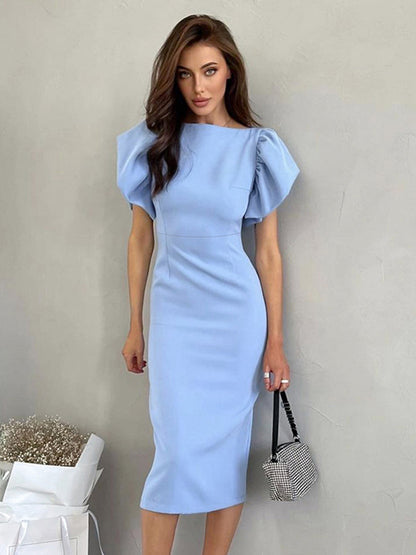 Bodycon Dress Boatneck Lap Over Sleeves Back Slit Day Midi Dresses