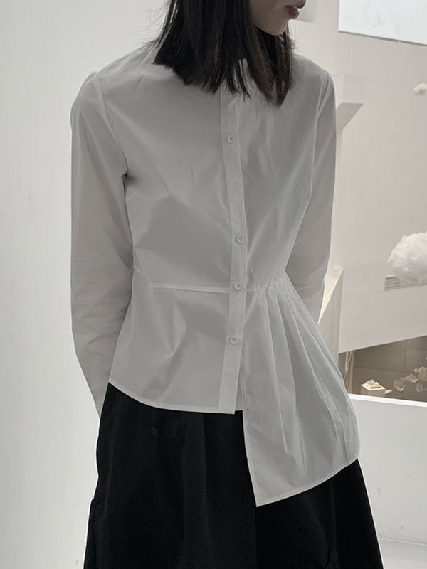 Long Sleeves Asymmetric Buttoned Pleated Color Round-neck Blouses&shirts Tops