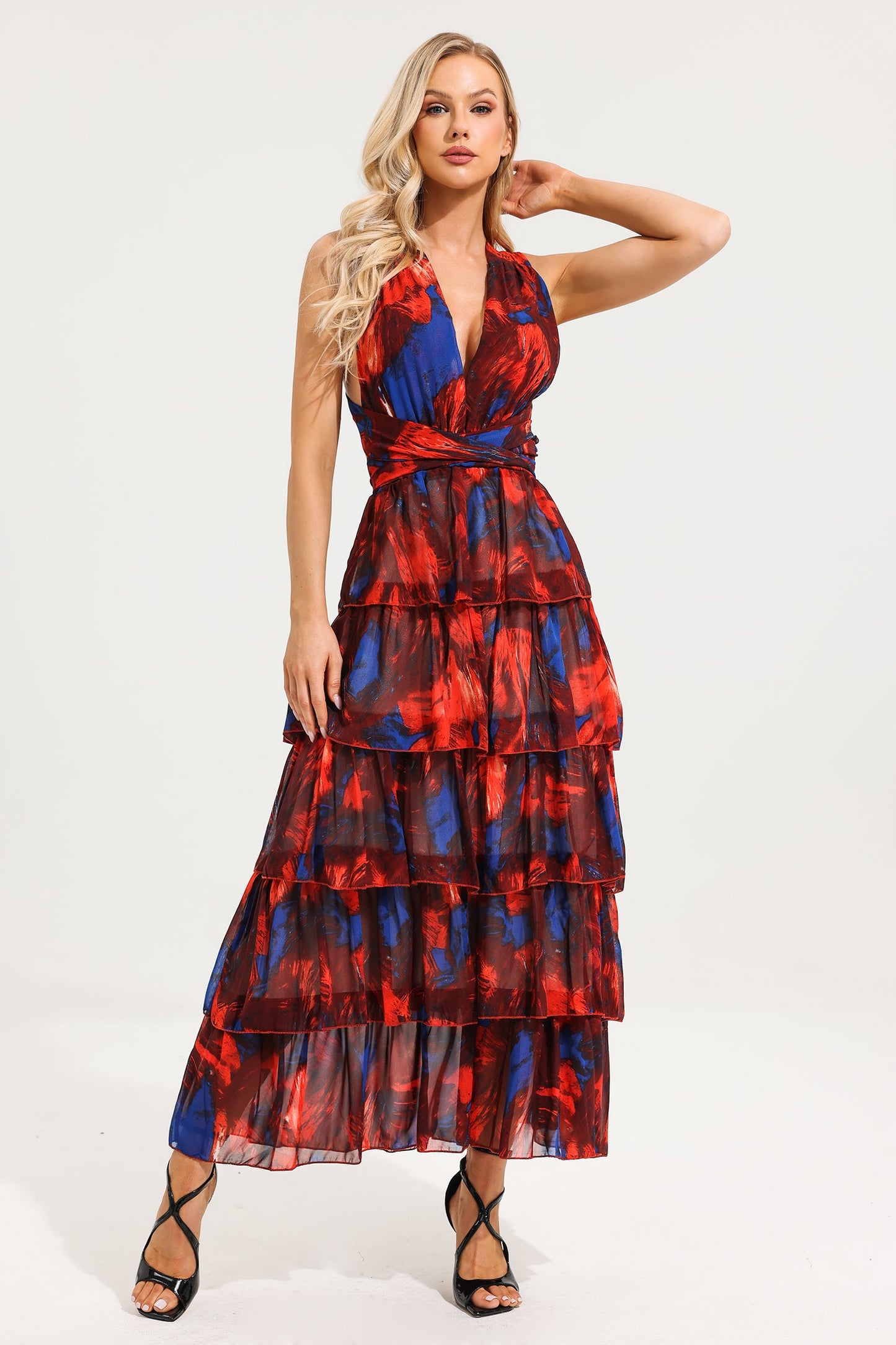 Watercolor Print Halterneck Tiered Maxi Dress