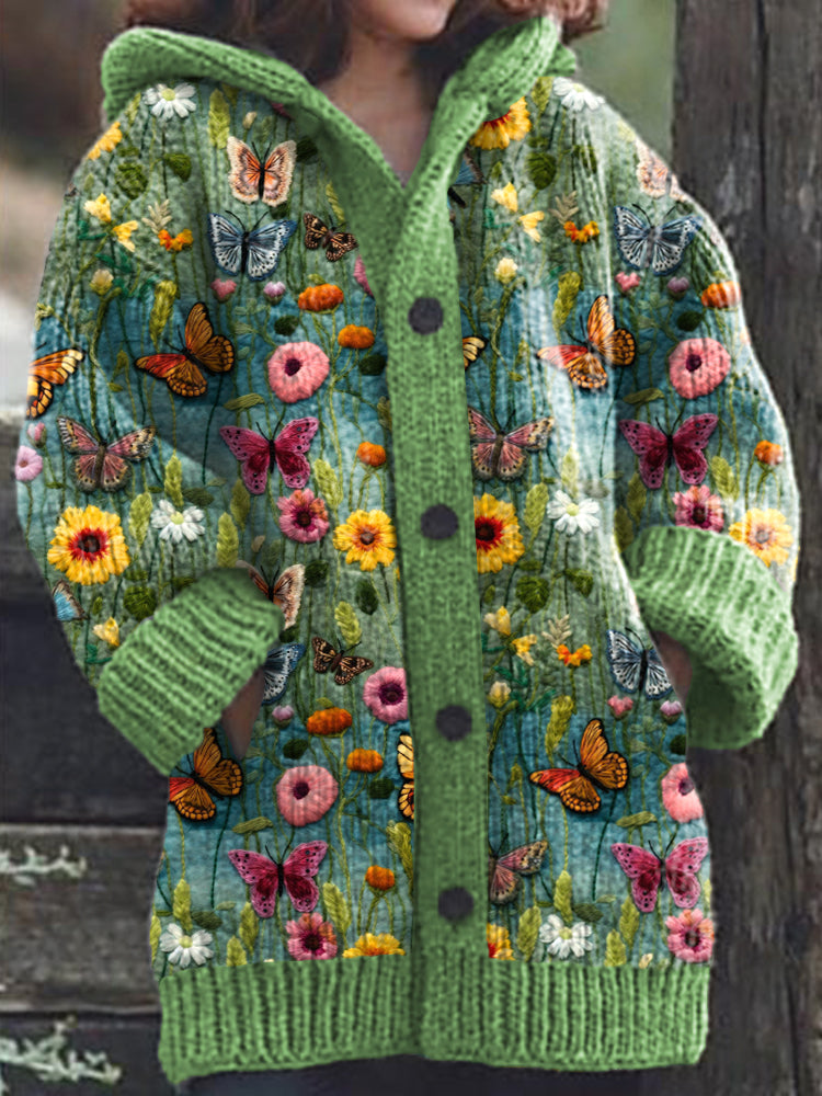 Butterfly Floral Embroidery Pattern Cozy Knit Hooded Cardigan artswardrobe