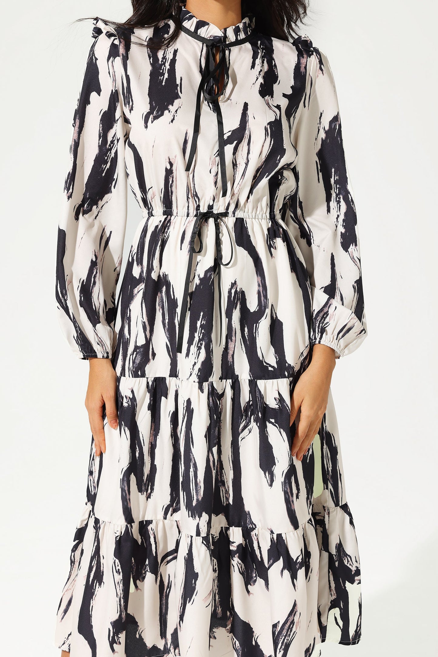 Printed Long Sleeve Crew Collar Lace Up Midi Dress