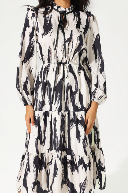 Printed Long Sleeve Crew Collar Lace Up Midi Dress