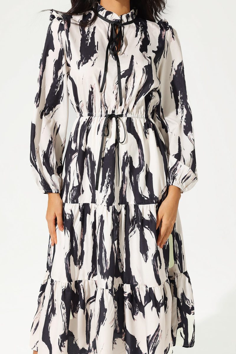 Printed Long Sleeve Crew Collar Lace Up Midi Dress