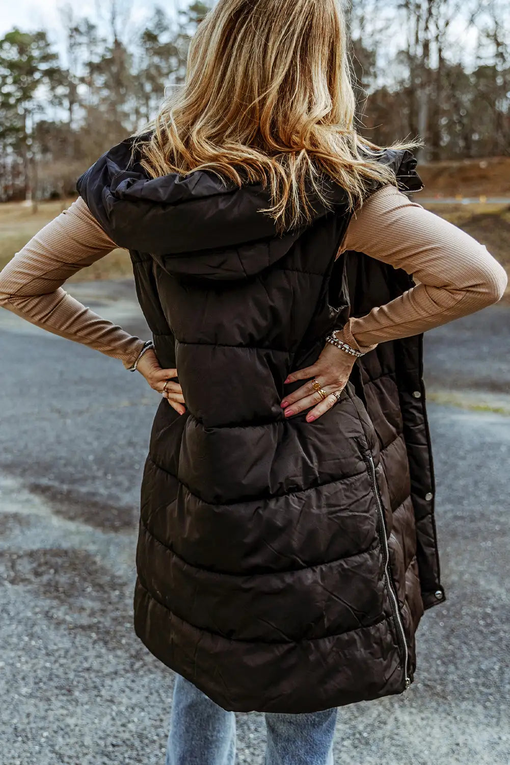 Black Quilted Hooded Vest Coat