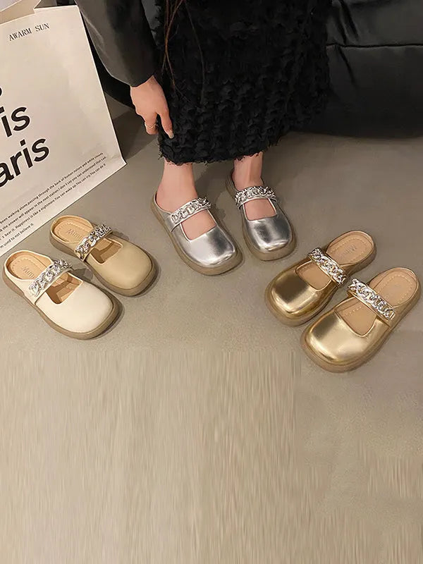 Chains Round-toe Shallow Cut Split-joint Mary Janes Slippers