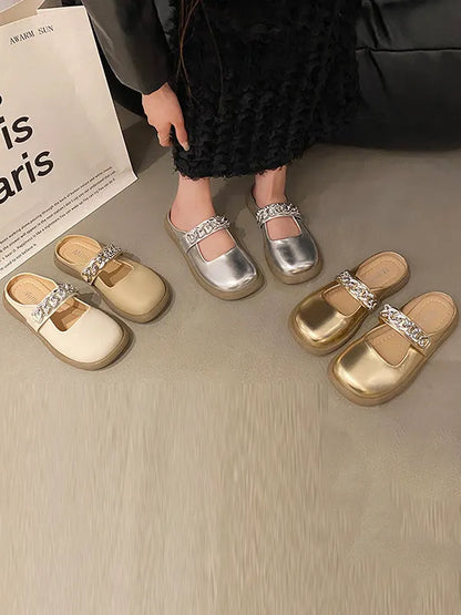 Chains Round-toe Shallow Cut Split-joint Mary Janes Slippers