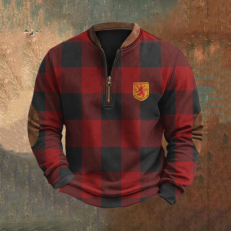 Vintage Scotland Badge With Buffalo Plaid Art Print Men's Zipper Neck Knit Sweatshirt elevenforest