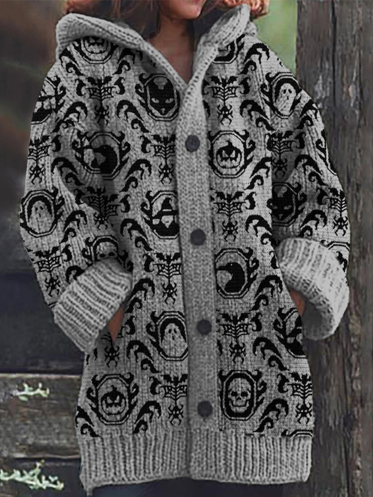 Halloween Elements Gothic Pattern Cozy Knit Hooded Cardigan artswardrobe