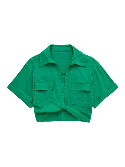 Safari Style Pockets Patch Knotted Linen Short Smock Blouse Lady Kimono Cropped Shirt Blusas Tops