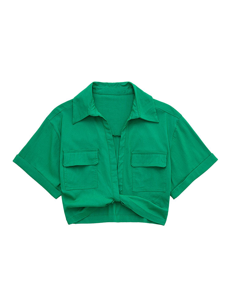 Safari Style Pockets Patch Knotted Linen Short Smock Blouse Lady Kimono Cropped Shirt Blusas Tops