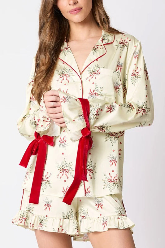Christmas Printed Bow Tie Top and Elastic Waist Ruffle Shorts Set