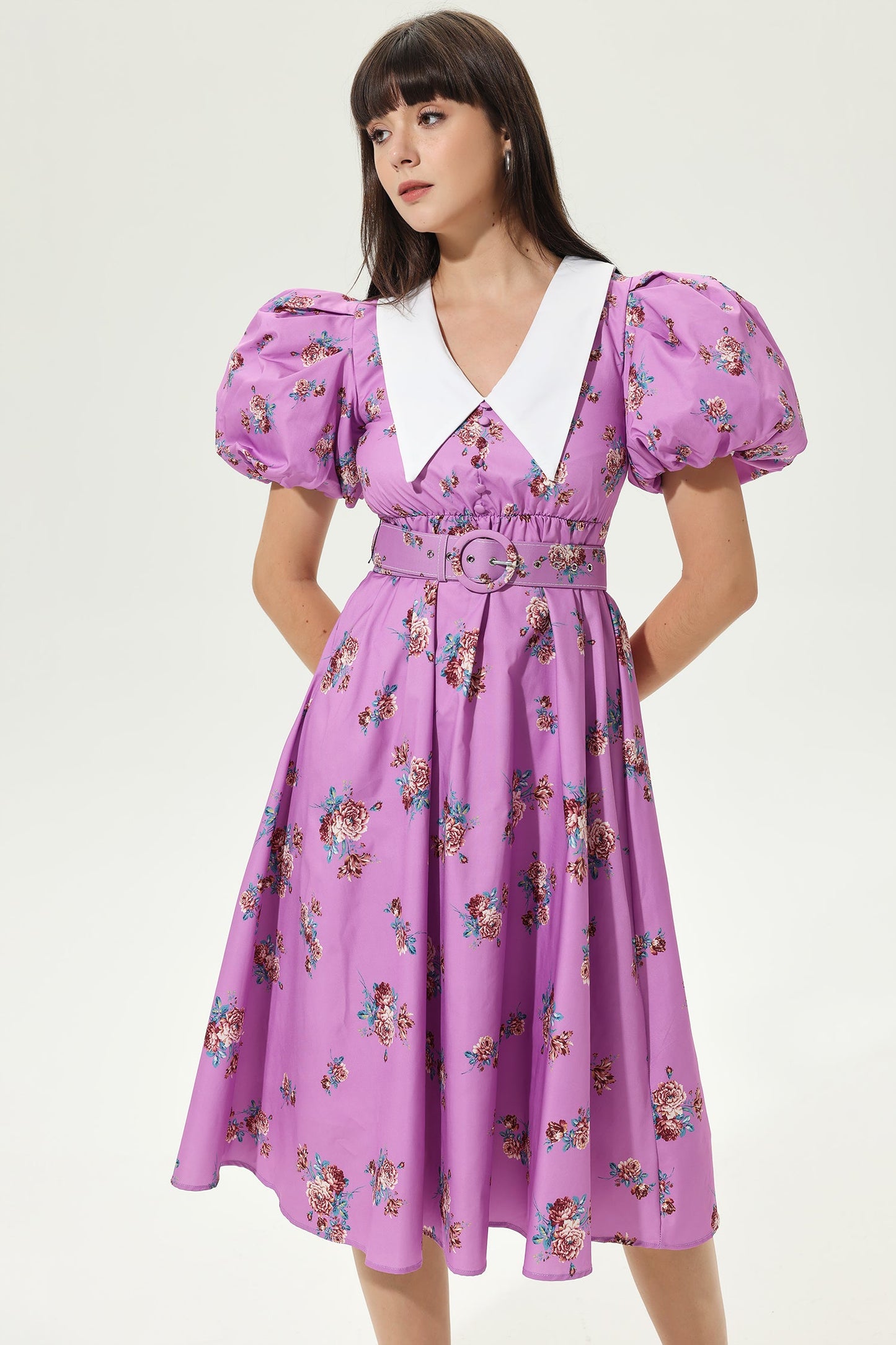 Puff Sleeves V-neck Tapered Waist Midi Dress
