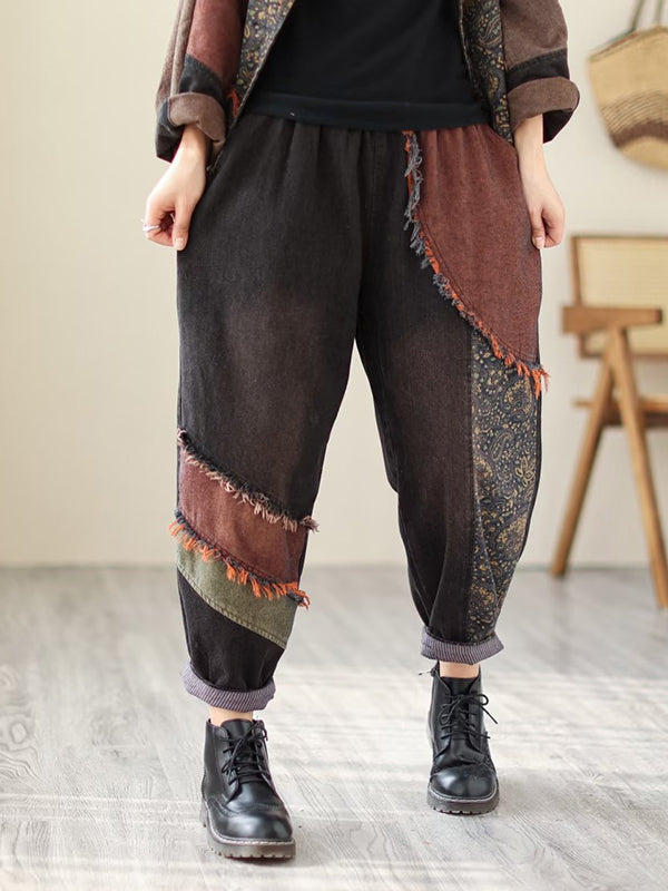 Contrast Color Fringed Split-joint Long Sleeves Printed Outwear + Harem Pants Two Pieces Set