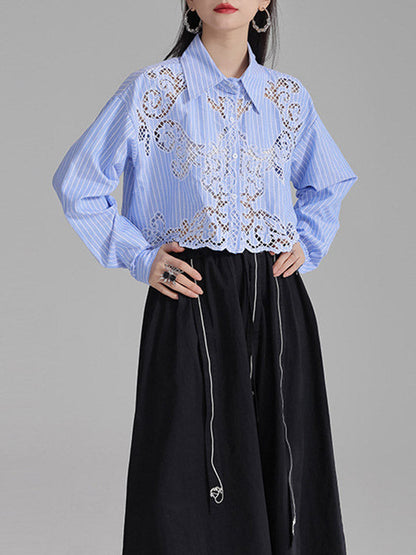 Long Sleeves Loose Buttoned Hollow Color Lapel Blouses&shirts Tops