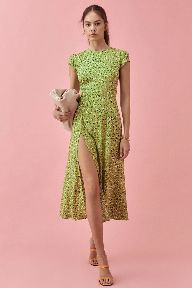 Backless Cut-out Slit Print Midi Dress Green