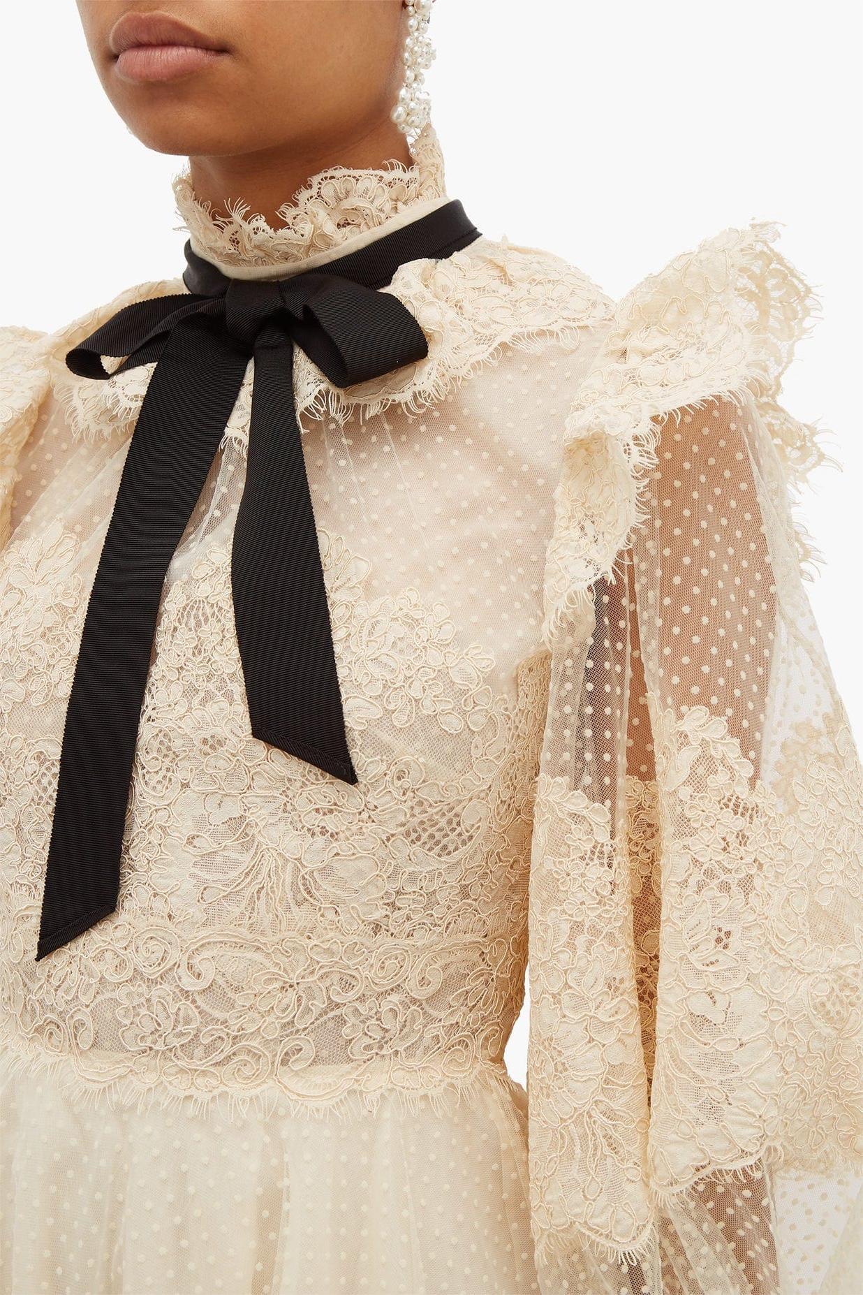 Lantern Sleeve Pussy-bow Lace Mini Dress