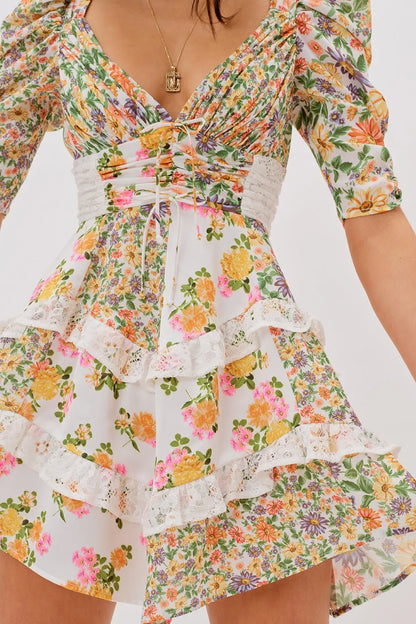 V-neck Puff Sleeve Ruffle Hem Mini Dress Yellow