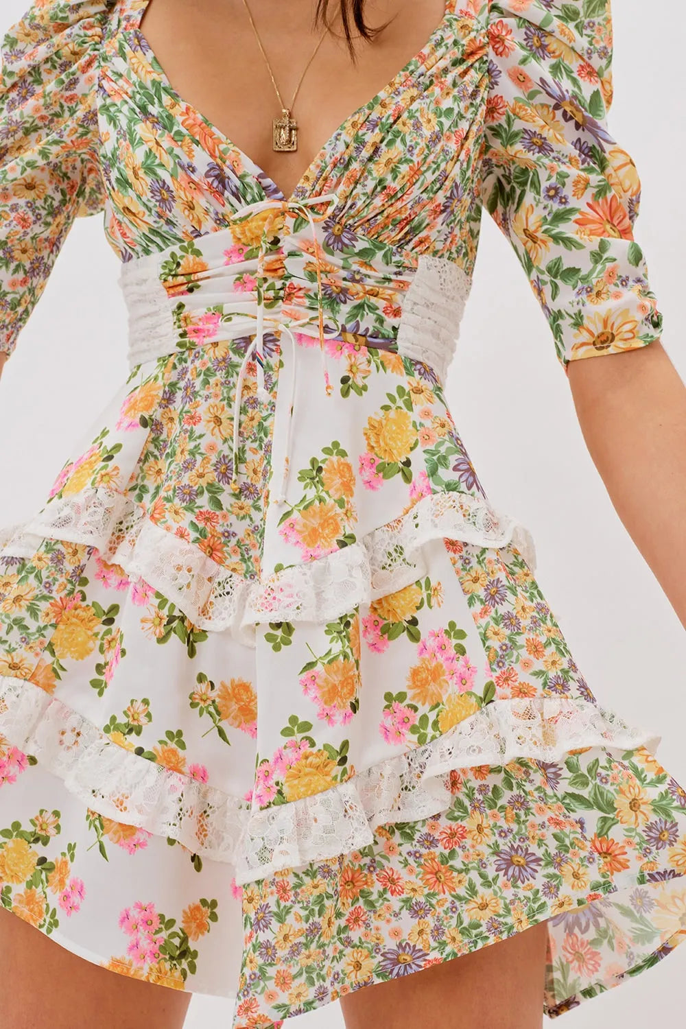 V-neck Puff Sleeve Ruffle Hem Mini Dress Yellow