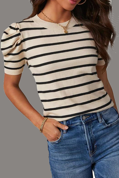 Stripe Ruched Weave O Neck T-shirts(5 Colors)